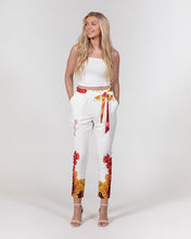 将图片加载到图库查看器,Fall Roses White Women's Belted Tapered Pants