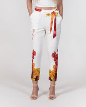 将图片加载到图库查看器,Fall Roses White Women's Belted Tapered Pants