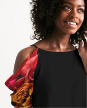 将图片加载到图库查看器,Fall Roses-Black Women's Open Shoulder A-Line Dress