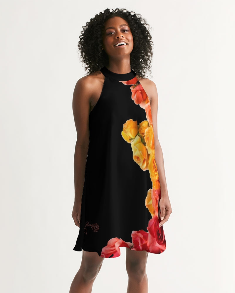 Fall Roses-Black Women's Halter Dress