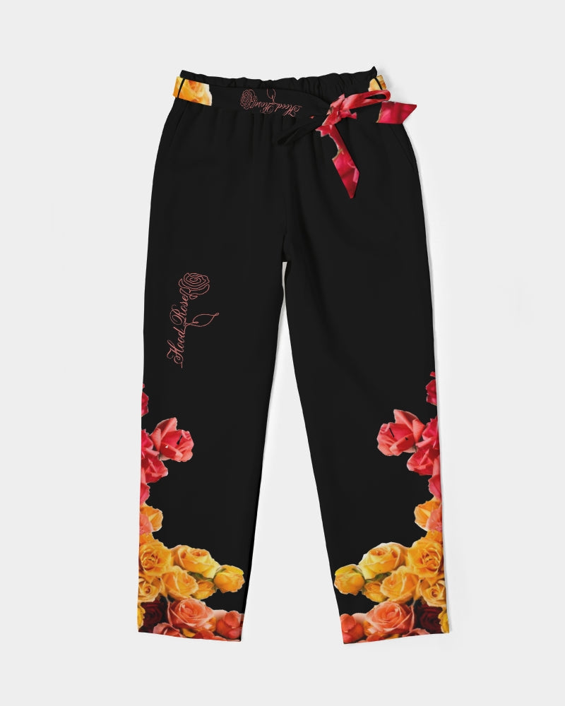 Fall Roses-Black Women's Belted Tapered Pants