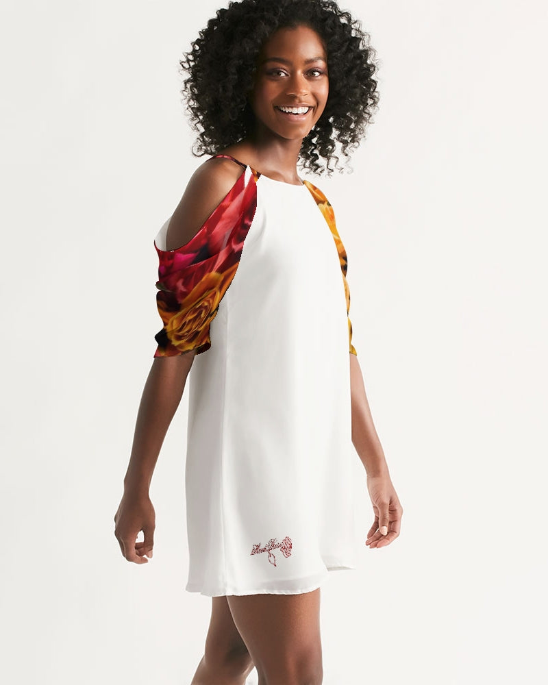 Fall Roses White Women's Open Shoulder A-Line Dress