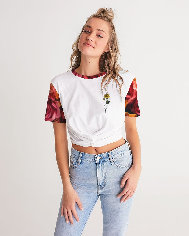 Fall Roses White Women's Twist-Front Cropped Tee