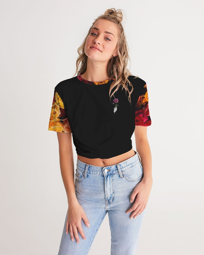 Fall Roses-Black Women's Twist-Front Cropped Tee