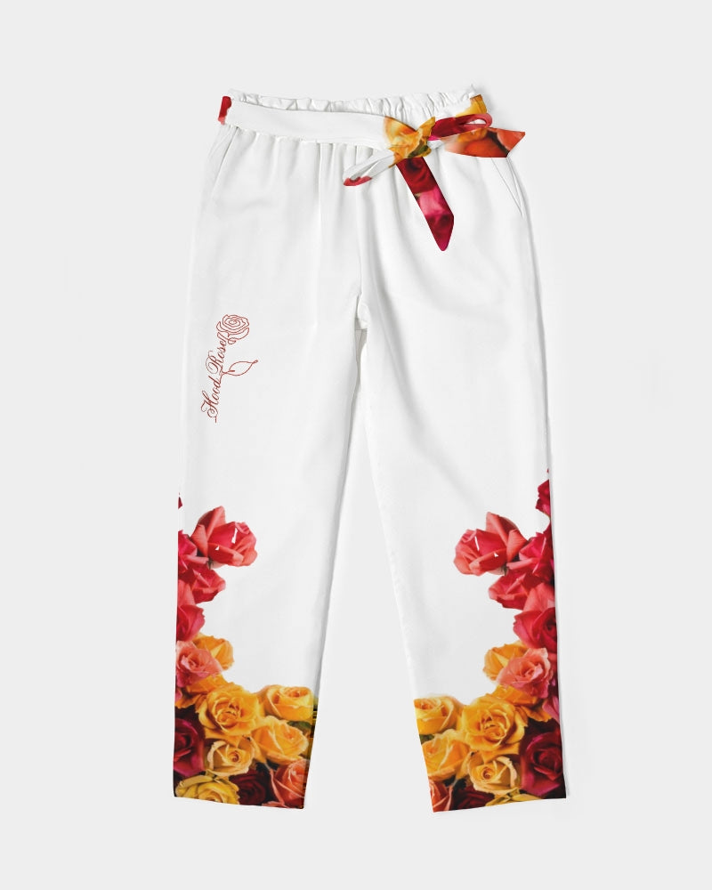 Fall Roses White Women's Belted Tapered Pants